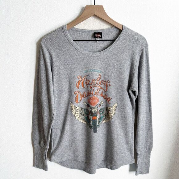 Harley Davidson Top Womens Medium Gray Waffle Knit Harley Graphic Spokane Biker - Picture 1 of 13